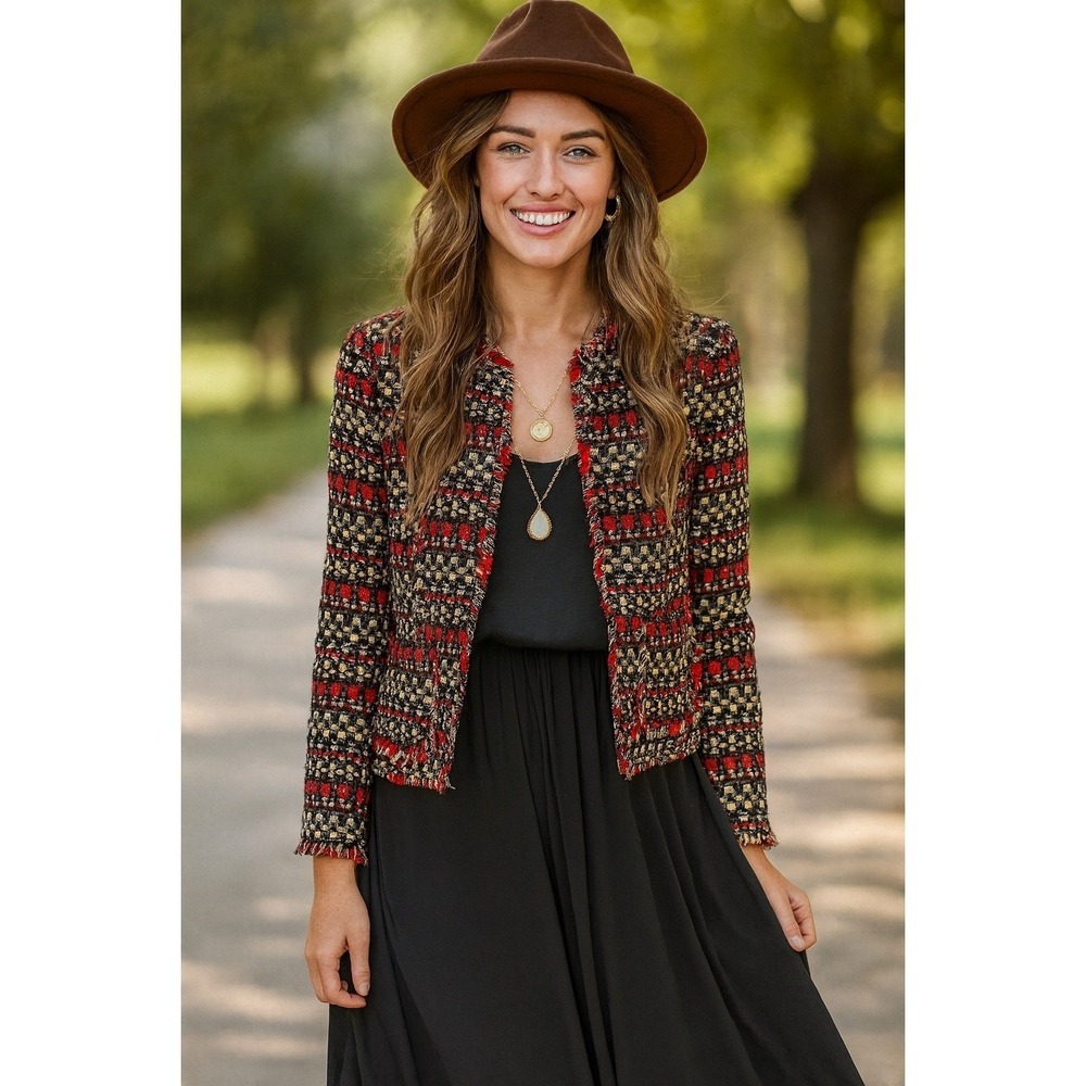 Vintage-Inspired Multicolor Tweed Jacket Small Retro Boho Chic Statement Piece